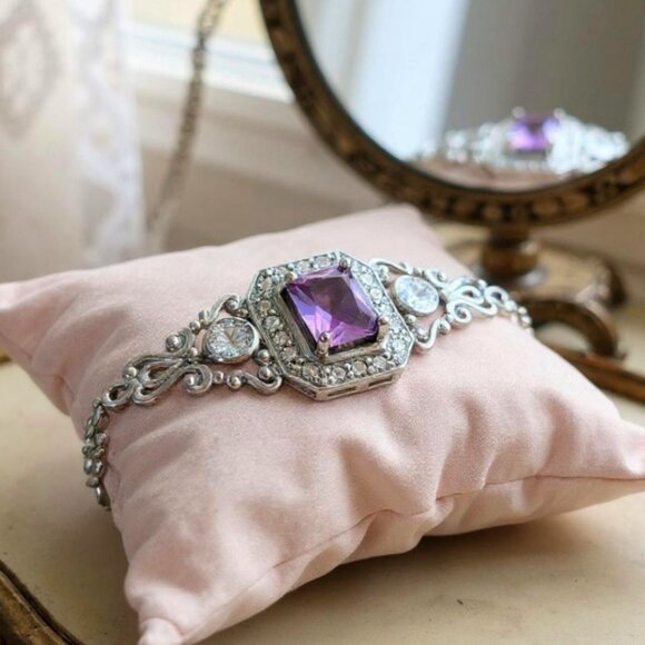 Hand Crafted Jewelry - Alexandrite & Diamond Bracelet – Silver Platinum Overlay | 2.60ctw Vintage Halo